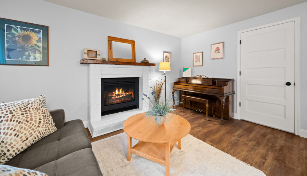 mid term rental living room with fireplace